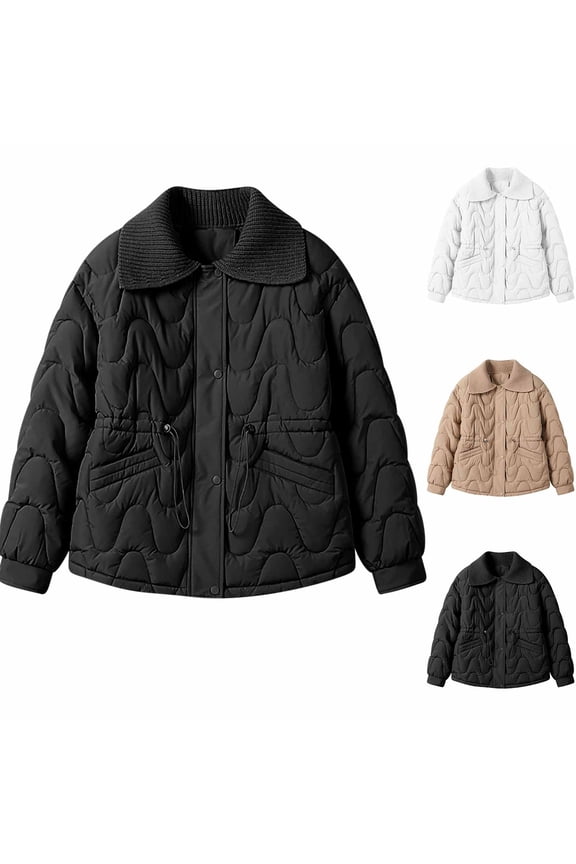 Comfy Down Jacket for Women Fall Winter Warm Long Sleeve Lapel Collar Puffer Coat Trendy Solid Double Closure Drawstring Waist Outerwear with Pockets White XL