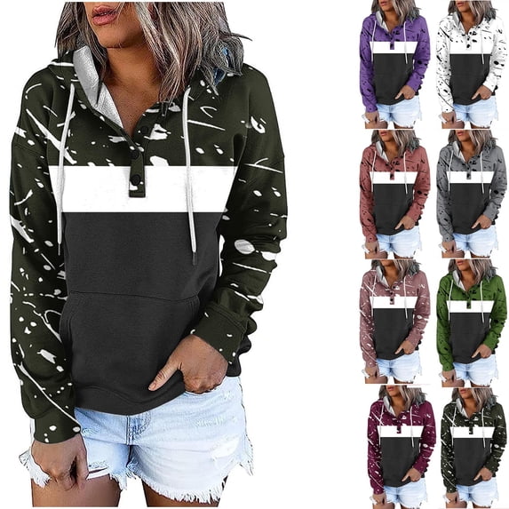 Jinhomg Comfy Pullover Hoodie for Women Fall Casual Long Sleeve Color Block Pullovers Quarter Button Drawstring Hooded Sweatshirts with Pocket Spring Saving Red XL