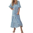 thumbnail image 1 of Jinhomg Cotton Dress for Women Trendy Geometric Print Tiered Dresses Plus Size Comfy Short Puff Sleeve Maxi Dress Flowy Casual Vacation Beach Dress Blue L, 1 of 9
