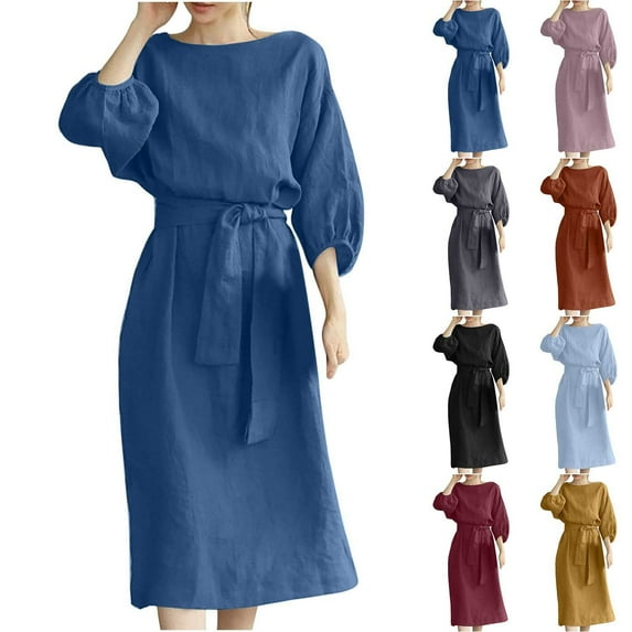 Jinhomg Cotton Dresses for Women 2025 Casual Solid Color Work Dress Lightweight Comfy Long Sleeve Tie Waist Knee Length Dress Vacation Boho Dress Today's Blue S