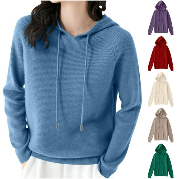 Jinhomg Cotton Knit Hoodies for Women Dressy Casual Solid Drawstring Hooded Sweatshirt Fall Winter Soft Comfy Long Sleeve Pullover Hoodie Daily Deals Clearance Purple XXL