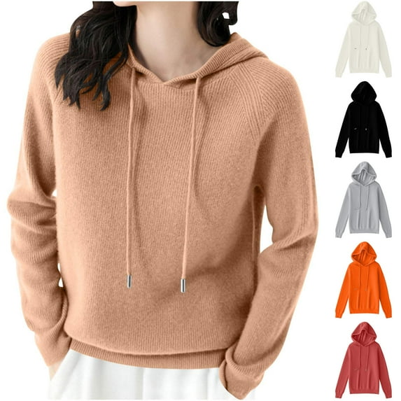 Jinhomg Cotton Knit Hoodies for Women Dressy Casual Solid Drawstring Hooded Sweatshirt Fall Winter Soft Comfy Long Sleeve Pullover Hoodie Spring Saving Today White L
