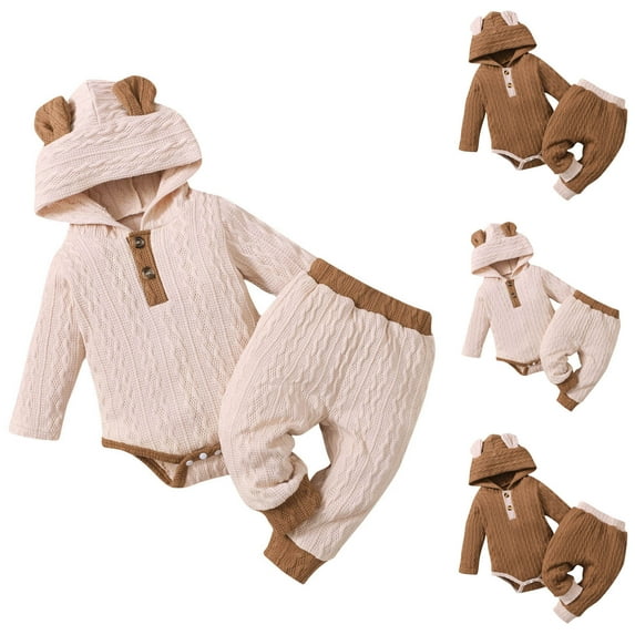 Jinhomg Cotton Knit Outfits for Baby Girl Cute Bear Ear Hooded Romper with Cinch Bottom Pants and Hairbands Toddler 3 Piece Fall Winter Comfy Set Sales Today Clearance Brown 9 Months