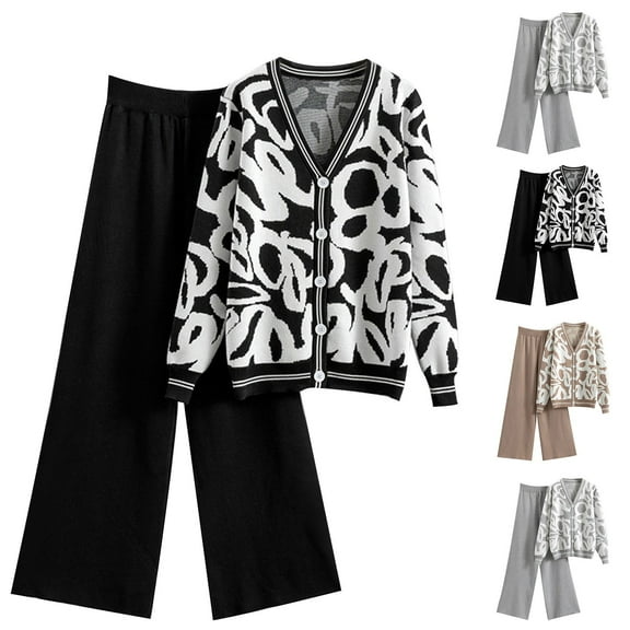 Jinhomg Cotton Knit Pajamas for Women 2 Piece Casual Comfy Lounge Sets Fall Long Sleeve V-neck Button Down Cardigans with Wide Leg Pant Khaki L