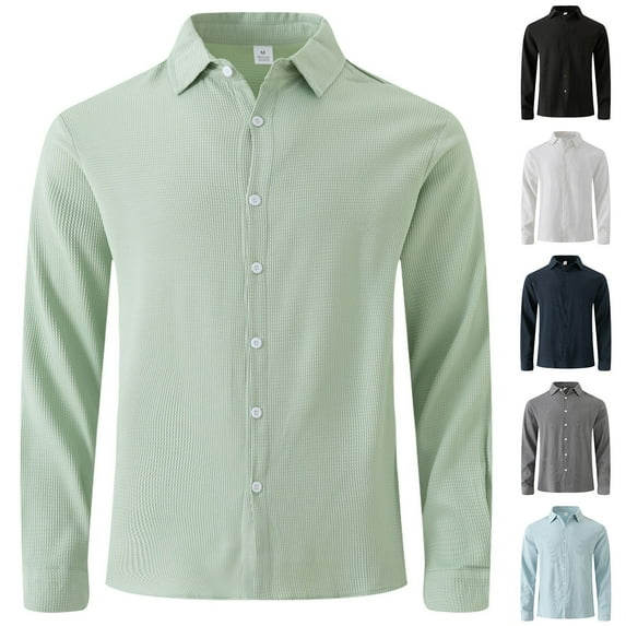 Jinhomg Cotton Knit Shirt for Men Dressy Casual Solid Color Button Down Shirts Big and Tall Comfy Long Sleeve Lapel Collar Business Shirts Work Wear Sales Today Clearance Black XL