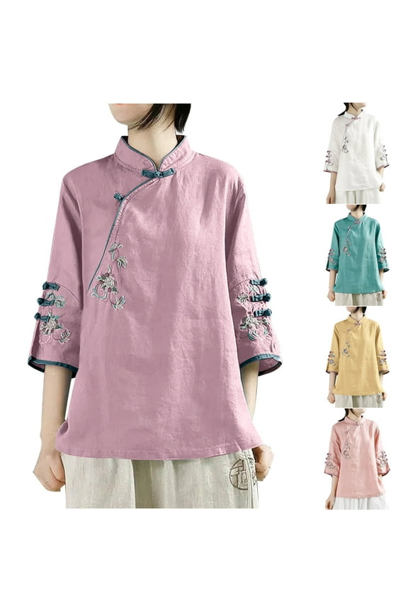 Cotton Linen Blouse for Women 3/4 Sleeve Chinese Frog Button Tops Vintage Floral Embroidered Shirts Dressy Casual Summer Blouses Yellow XXXXL 6