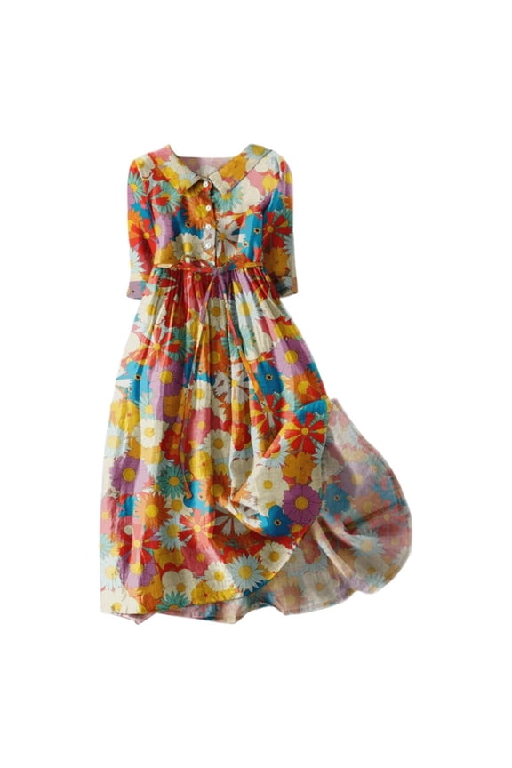 Cotton Linen Dresses for Women 2025 Trendy Floral Print Maxi Dress Plus Size Comfy 3/4 Sleeve Button Down A Line Dress Dress Fall Saving Red XXXL