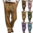 thumbnail image 1 of Jinhomg Cotton Linen Pants Men Relaxed Fit Straight Leg Pleated Suit Trousers Wide Leg Breathable Big And Tall Plain Beach Trousers Khaki,L, 1 of 6