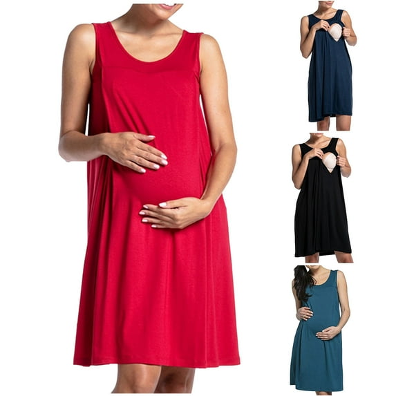 Jinhomg Cotton Nursing Dress for Women Loose Comfy Sleeveless Maternity Nightgowns Fall Casual Solid Midi Pregnancy Dresses for Breastfeeding Black L