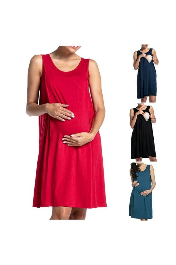 Cotton Nursing Dress for Women Loose Comfy Sleeveless Maternity Nightgowns Fall Casual Solid Midi Pregnancy Dresses for Breastfeeding Red S