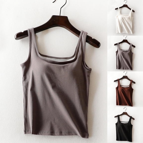 Jinhomg Cotton Tank Tops for Women Loose Fit Square Neck Camisoles with Built in Bra Casual Solid Wide Strap Workout Yoga Camis Dark Gray M