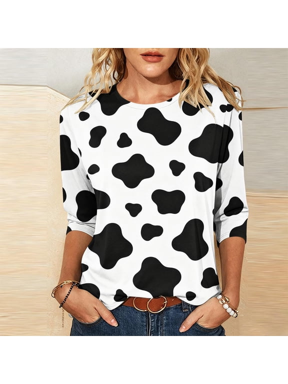 Cow Print Tops for Women Crewneck 3/4 Sleeve Black and White Animal Print Tees