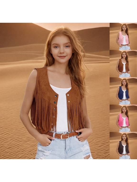 Cowgirls Jacket Girls 70S Fringe Cropped Vest Casual Sleeveless Open Front Faux Suede Cardigan with Tassel Brown 11 Years