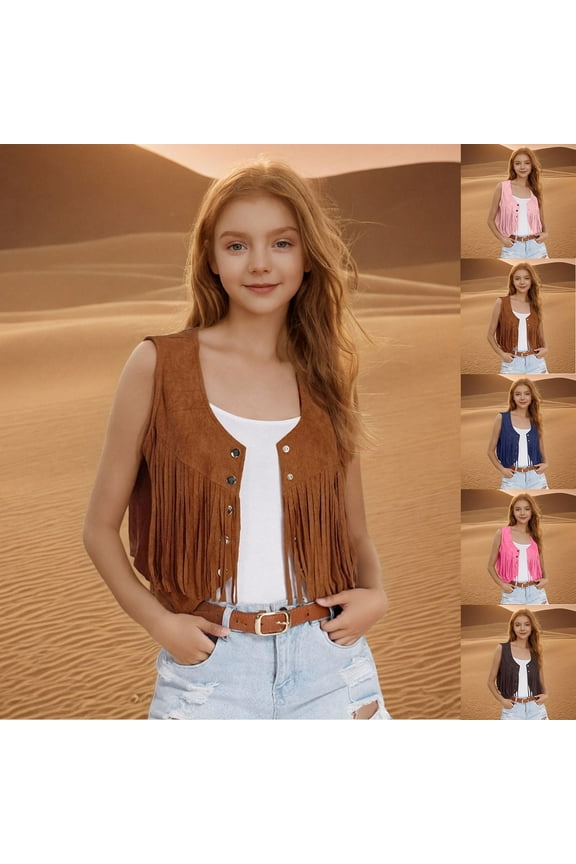 Cowgirls Jacket Girls 70S Fringe Cropped Vest Casual Sleeveless Open Front Faux Suede Cardigan with Tassel Pink 5 Years