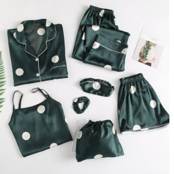 Jinhomg Cozy Pajama Set for Womens 7 Pcs Silk Satin Sleepwear Cute Floral Print Button Down Shirt and Cami, Pant, Shorts, Bag, Eye Masks, Hair Rings Summer Saving Green L