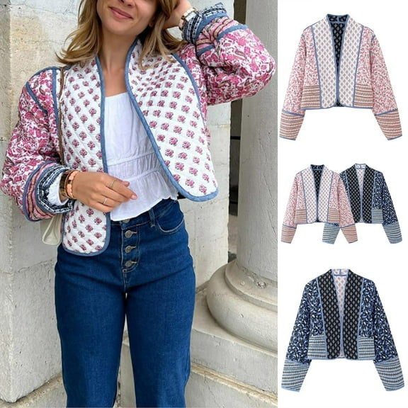 Jinhomg Crop Cardigan Jacket for Women Lightweight Cozy Open Front Puffer Coat Fall Winter Warm Long Sleeve Floral Print Outerwear Black S