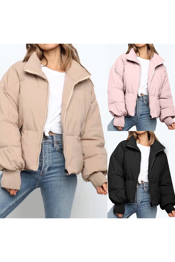 Crop Warm Winter Coat for Women Comfy Long Sleeve Full-Zip Puffer Jacket Casual Solid Outerwear with Zipper Pockets Clearance Items for Women Pink XS
