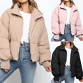 thumbnail image 1 of Jinhomg Crop Warm Winter Coat for Women Comfy Long Sleeve Full-Zip Puffer Jacket Casual Solid Outerwear with Zipper Pockets Lighten Deals of The Day Black M, 1 of 10