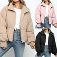 thumbnail image 1 of Jinhomg Crop Warm Winter Coat for Women Comfy Long Sleeve Full-Zip Puffer Jacket Casual Solid Outerwear with Zipper Pockets Prime Day 2025 Prime Today Pink M, 1 of 10