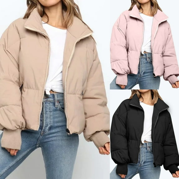 Jinhomg Crop Warm Winter Coat for Women Comfy Long Sleeve Full-Zip Puffer Jacket Casual Solid Outerwear with Zipper Pockets Black S