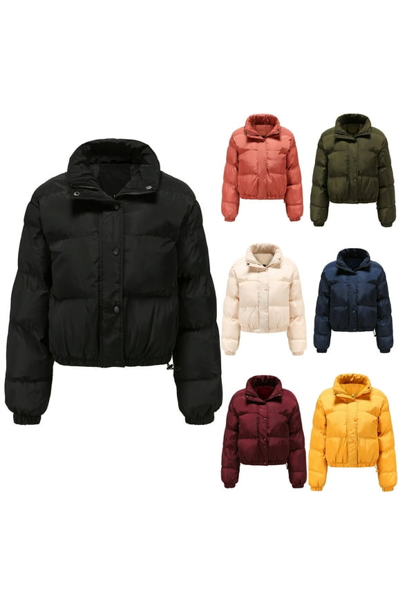 Cropped Puffer Coat for Women Casual Solid Double Closure Down Jacket Lightweight Comfy Long Sleeve Fall Winter Outwear Summer Saving Beige L