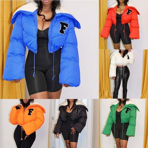 Jinhomg Cropped Winter Jacket for Women Soft Cozy Fleece Lined Hooded Puffer Coat Winterproof Thermal Long Sleeve Zip Up Down Coats Green L