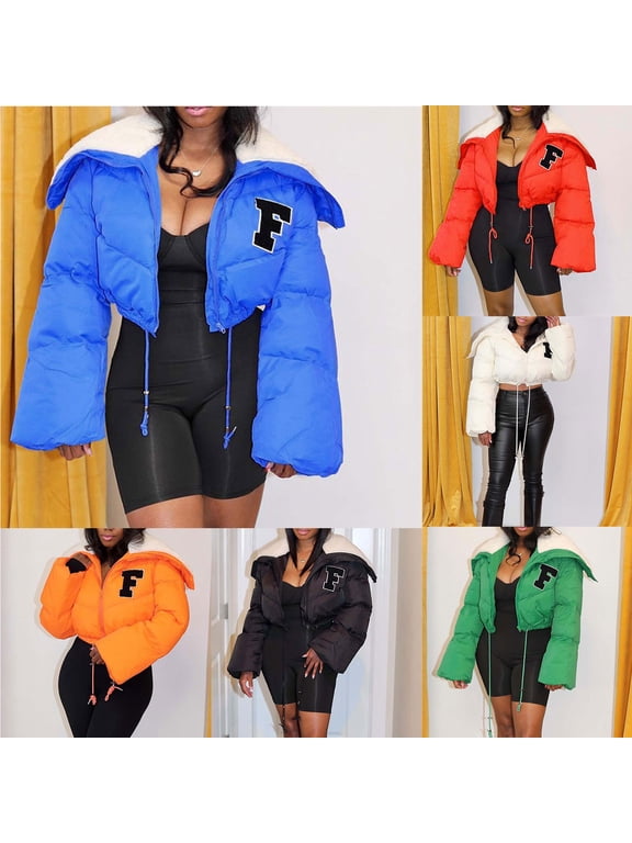 Cropped Winter Jacket for Women Soft Cozy Fleece Lined Hooded Puffer Coat Winterproof Thermal Long Sleeve Zip Up Down Coats Deal of The Day Green S