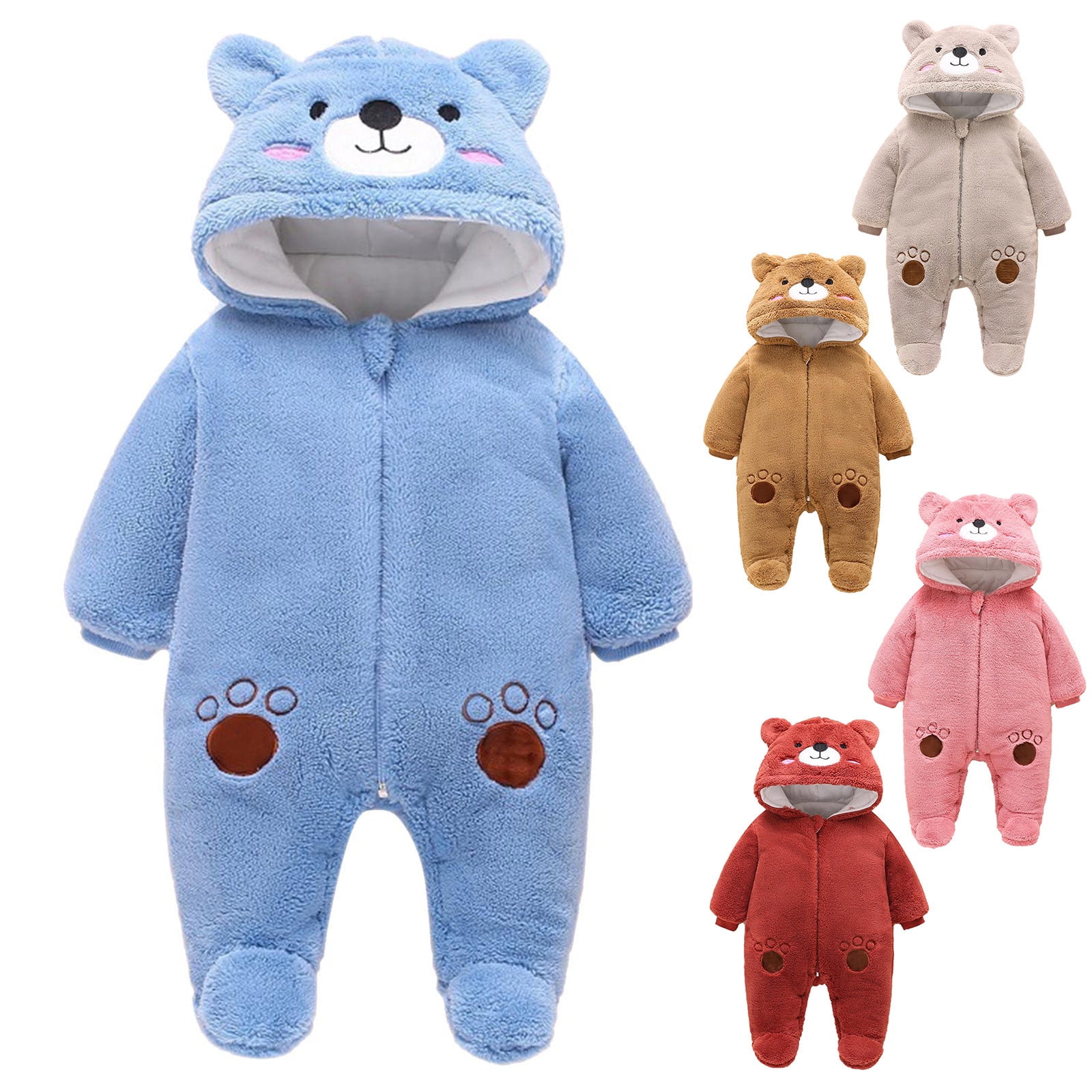 Jinhomg Cute Bear Onesie for Baby Soft Cozy Fleece Footie Hooded Romper Fall Winter Thermal Long Sleeve Full Zip Jumpsuit Trendy Bodysuit Blue 12 Months
