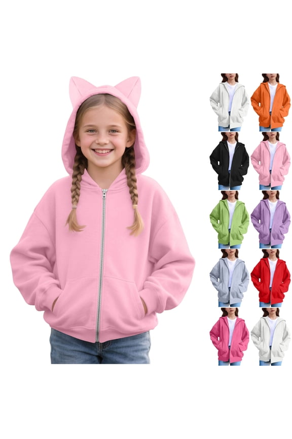 Cute Cat Ear Hoodies for Girls Zip Up Long Sleeve Hooded Jackets Stylish Casual Fall Jacket with Pockets Black 130