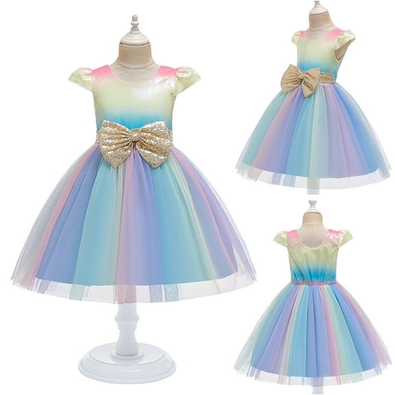 Jinhomg Cute Dresses for Little Girls Trendy Gradient Mesh Patchwork Midi Dresses Toddler Kids Sleeveless Bow Tie Dress Spring Saving Blue 8-9 Years