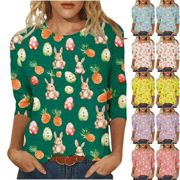Jinhomg Cute Easter Shirts for Women Fancy Bunny Rabbit Graphic Holiday Blouses Loose Fit Comfy 3/4 Sleeve Crew Neck Tunic Tops Ladies 2025 Gifts Light Blue XXXL