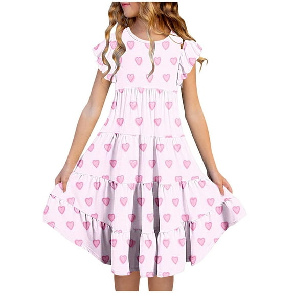 Jinhomg Cute Floral Dress for Girls Breathable Comfy Ruffle Sleeve Tiered Dress Lightweight Casual Spring Summer Maxi Dress Vacation Sundresses Pink 10 Years