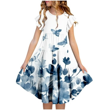 Jinhomg Cute Floral Dress for Girls Breathable Comfy Ruffle Sleeve Tiered Dress Lightweight Casual Spring Summer Maxi Dress Vacation Sundresses Summer Saving White 10 Years