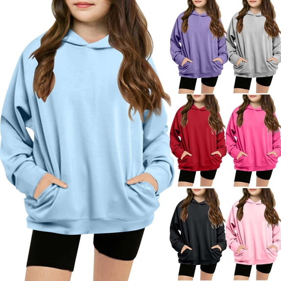 Jinhomg Cute Hooded Sweatshirt for Girls Casual Solid Color Pullover Hoodie Toddler Kids Lightweight Comfy Long Sleeve V-Neck Tops with Pockets Spring Saving Today Purple 11 Years