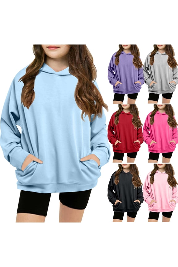Cute Hooded Sweatshirt for Girls Casual Solid Color Pullover Hoodie Toddler Kids Lightweight Comfy Long Sleeve V-Neck Tops with Pockets Hot Pink 7 Years
