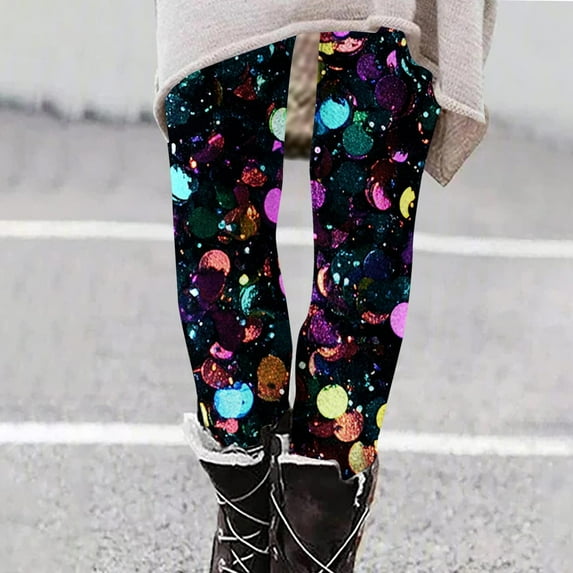 Jinhomg Cute Leggings for Women 2025 Sparkle Fancy Sequin Print Yoga Pants Fall Winter Thermal Comfy High Waist Full Length Tights Clearance Items for Women Multicolor XL