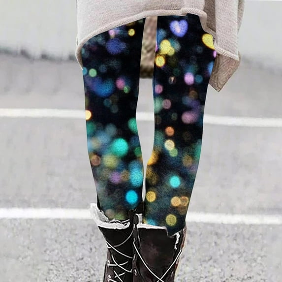 Jinhomg Cute Leggings for Women 2025 Sparkle Fancy Sequin Print Yoga Pants Fall Winter Thermal Comfy High Waist Full Length Tights Fall Saving Multicolor XXL