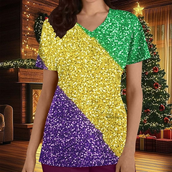 Jinhomg Cute Medical Scrubs for Women Trendy Mardi Gras Carnival Themed Scrub Tops Casual Comfy Short Sleeve V-Neck Holiday Nursing Uniforms Purple M