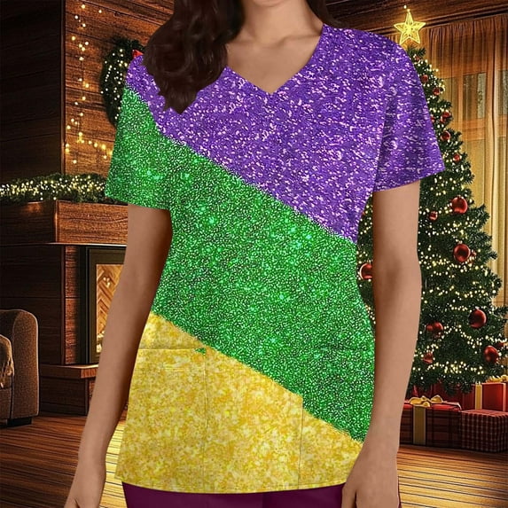 Jinhomg Cute Medical Scrubs for Women Trendy Mardi Gras Carnival Themed Scrub Tops Casual Comfy Short Sleeve V-Neck Holiday Nursing Uniforms Purple XXXL