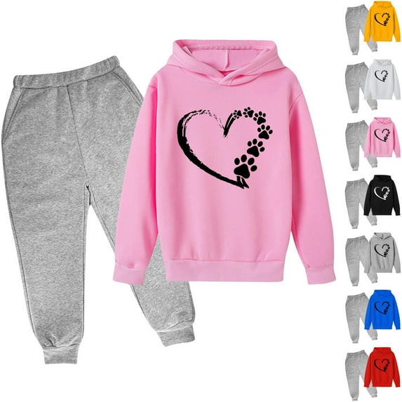 Jinhomg Cute Outfits for Little Kids Dog Paw Heart Print Hooded Sweatshirts and Elastic Waist Sweatpants 2 Piece Toddler Boys Girls Casual Sweatsuits Prime Day 2025 Pink 4 Years