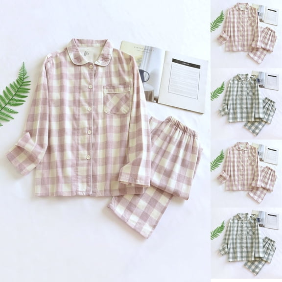 Jinhomg Cute Plaid Sleepwear for Women 2 Piece Soft Cozy Cotton Pajamas Sets Fall Winter Casual Long Sleeve Button Down Tops and Elastic Waist Pants Seasonal Sale Green L