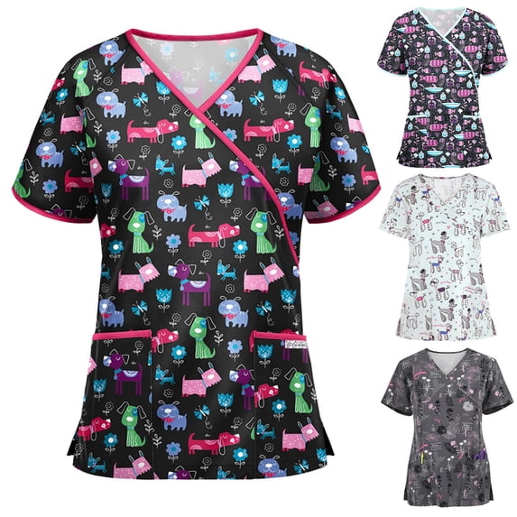 Jinhomg Cute Scrub Tops for Women Funny Animals Cartoon Graphic Nursing Scrubs Lightweight Comfy Short Sleeve V-Neck Caregiver Top with Pockets Black M