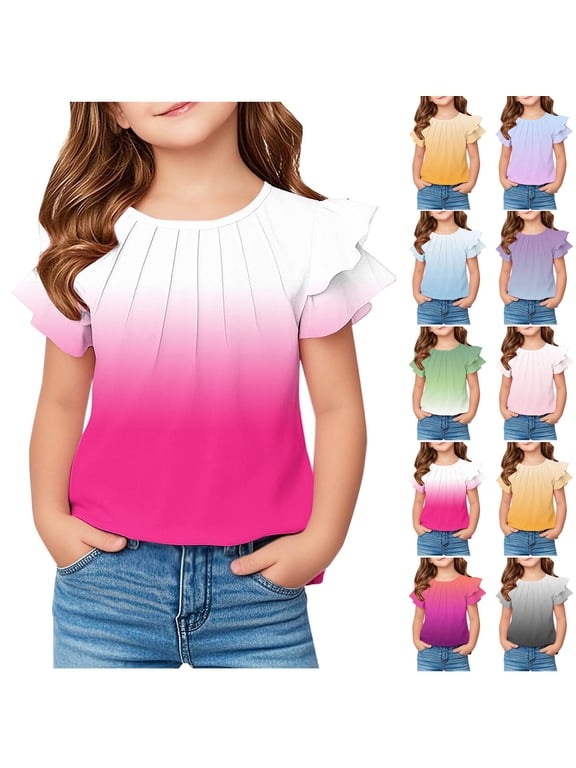 Cute Shirt for Girls 2025 Trendy Flutter Sleeve Ruched Tops Casual Comfy Gradient Crew Neck Tunic Blouses White 9 Years