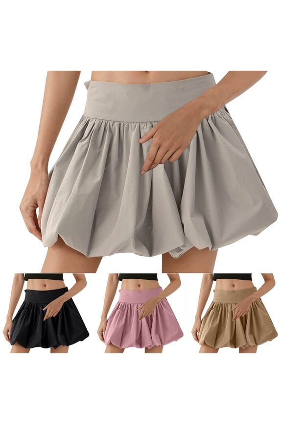 Cute Skirts for Women High Waist Mini Bubble Skirt Casual Ruffle Hem A Line Pleated Short Skirt Teen Girls Puffy Y2K Streetwear Gray S