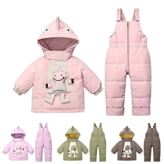 Jinhomg Cute Snowsuit for Baby Girls Funny Cartoon Design Hooded Puffer Coat with Snowboard Overalls 2 Piece 2026 Fashion Ski Suit Daily Wear Pink 12 Months