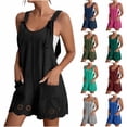 thumbnail image 1 of Jinhomg Cute Summer Overalls for Women Casual Hollow Out Floral Print Jumpsuit Loose Fit Spaghetti Strap Wide Leg Short Romper with Pockets Army Green S, 1 of 6