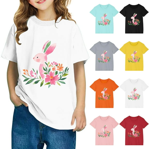 Jinhomg Cute T Shirt for Kid Soft Comfort Short Sleeve Cotton Tops Casual Floral And Bunny Graphic Tees Boys Girls Spring Summer Daily Wear Black 7 Years