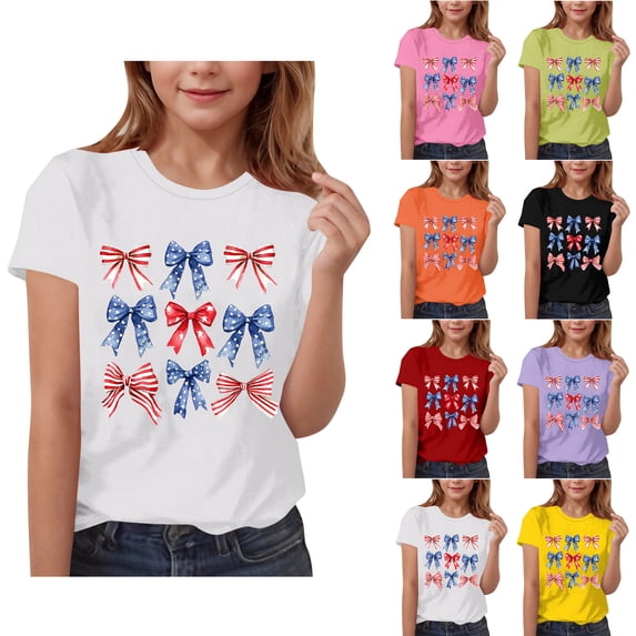 Jinhomg Cute T Shirts for Girls Funny Bowtie Print Crew Neck Tees Lightweight Comfy Short Sleeve Pullover Tops Pink 9-10Years