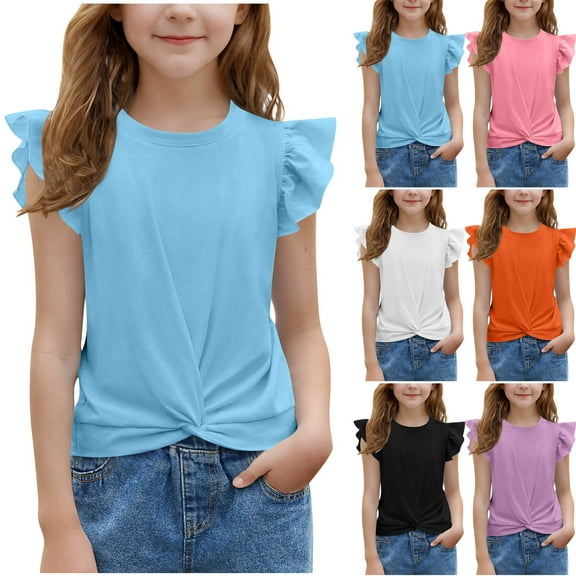 Jinhomg Cute Tops for Girls 2025 Trendy Flutter Sleeve Ruched Shirts Casual Comfy Crew Neck Summer Blouse Tops Black 7 Years