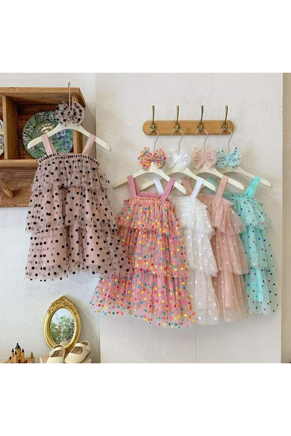 Cute Tulle Dress for Girl 2025 Fashion Polka Dot Layered Dress Casual Comfy Spaghetti Straps Midi Tutu Dresses Mesh Puffy Dress Watermelon Red 3 Months